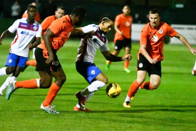 Lorrell Smith in action for AFC Rushden & Diamonds during their 5-0 home defeat to Newark in the FA Cup on Tuesday night. Picture courtesy of HawkinsImages