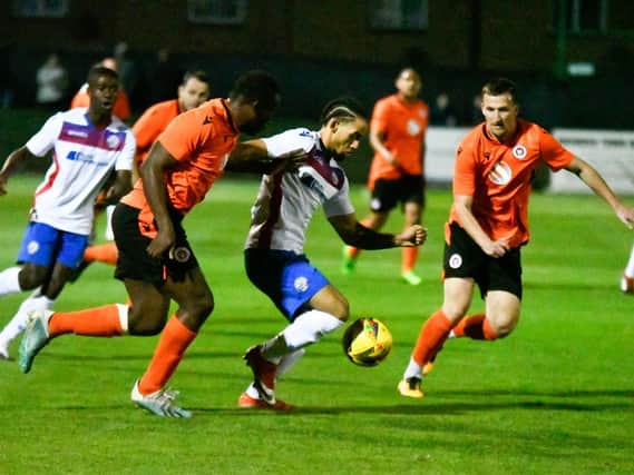 Lorrell Smith in action for AFC Rushden & Diamonds during their 5-0 home defeat to Newark in the FA Cup on Tuesday night. Picture courtesy of HawkinsImages