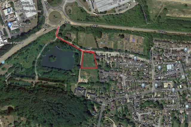 The site outlined in red, along with the proposed access road on to the A43