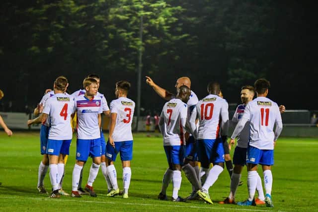 AFC Rushden & Diamonds celebrate one of Chris Wreh's four goals. Picture courtesy of Hawkins Images