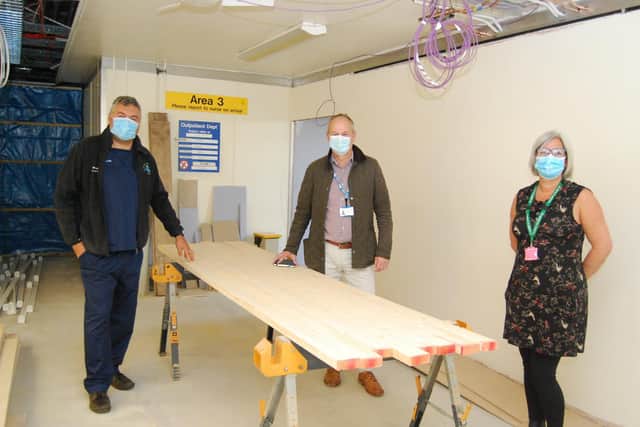 Work has begun on a £300,000 plan to expand KGH’s Same Day Emergency Care service – clinical director for urgent care, Dr Adrian Ierina, director of facilities and estates, Ian Allen, and lead nurse for urgent care, Ally Gamby, review work in progress.
