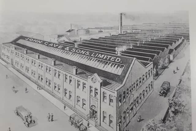 John Cave & Sons factory showing College Street at the bottom left, the main doors being the location of the plaque