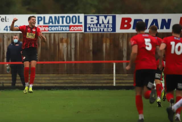 Lorne Bickley celebrates after his first goal for the Poppies opened the scoring at Latimer Park
