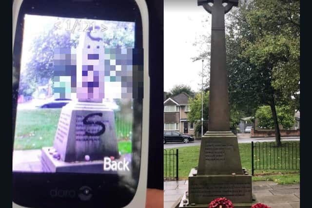 The graffiti on the memorial, which is too vile to show fully here