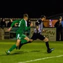 Steve Diggin scores the second of his two goals during Corby Town's 4-0 victory over Bedworth United. Pictures by Jim Darrah