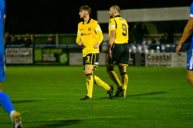 Tom Lorraine is congratulated by Paddy Casey after scoring his first goal of the season