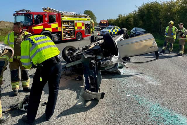 Incredibly, there were no injuries after this vehicle rolled along the road. Photos: Northamptonshire Police