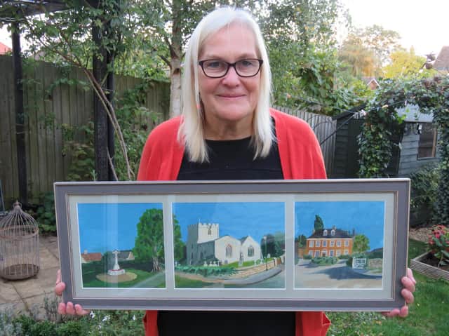 Artist Rosie Jarvis with her painting of St Botolph's Church. She is gifting it to the church to mark its 900th anniversary