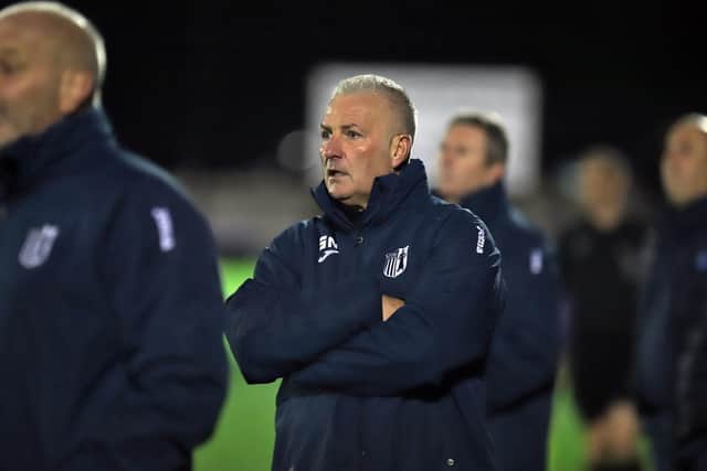 Gary Mills watches on from the sidelines during Corby Town's 2-0 defeat at AFC Dunstable last night. Pictures by Peter Short