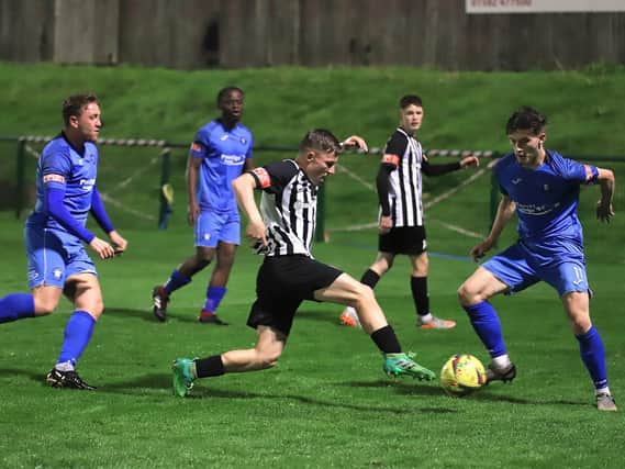 Jordon Crawford in action for Corby Town during their midweek defeat at AFC Dunstable. Pictures by Peter Short