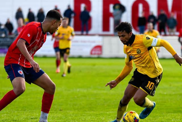 Luke Fairlamb runs at the Bromsgrove Sporting defence during AFC Rushden & Diamonds' narrow 1-0 loss last week. Pictures courtesy of Hawkins Images Photography