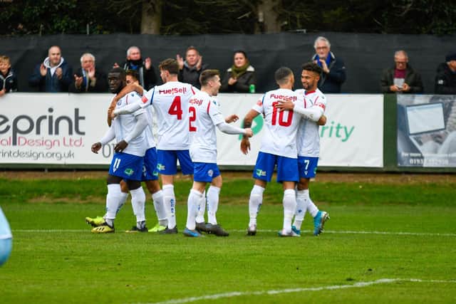 AFC Rushden & Diamonds celebrate after Luke Fairlamb's goal in the 2-1 success over Hednesford Town at Hayden Road. Pictures courtesy of Hawkins Images Photography
