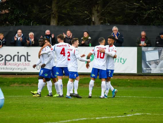 AFC Rushden & Diamonds celebrate after Luke Fairlamb's goal in the 2-1 success over Hednesford Town at Hayden Road. Pictures courtesy of Hawkins Images Photography