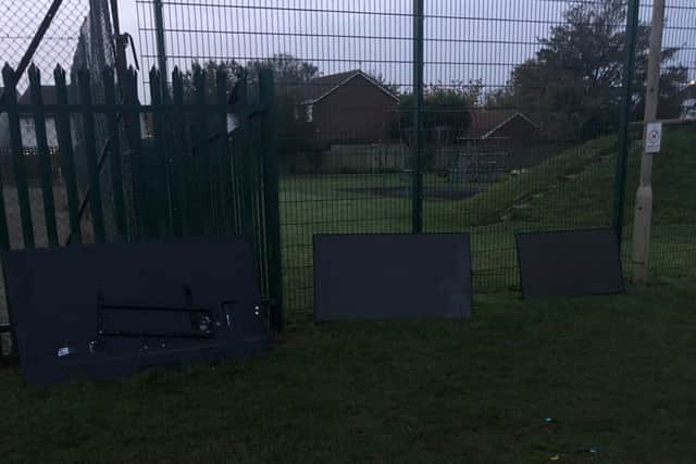 TVs were ripped off the wall and left in the playing field.