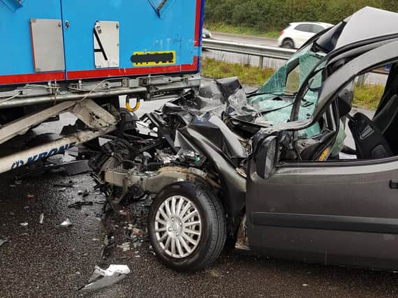 The A14 heading out of Northamptonshire had to be closed off earlier after a car collided with a lorry.