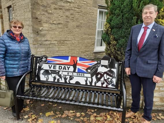 Cllr Chris O'Rourke and Kathleen Meredith with the new VE Day bench