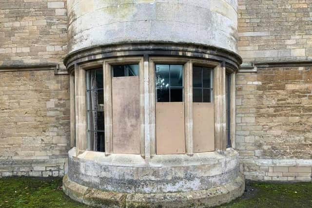 The damaged windows at Rushden Hall