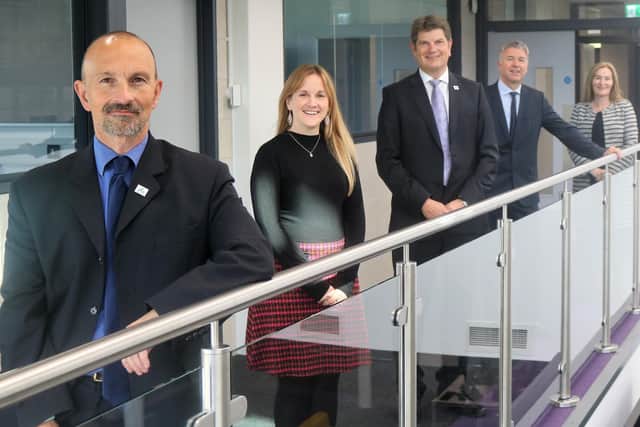 From front, KSA Principal Tony Segalini, Head of Sixth Form Rachael Davies, BWT CEO Dr Andrew Campbell, Chair of Governors Steve Barton, BWT Secondary Executive Principal Anne Hill.