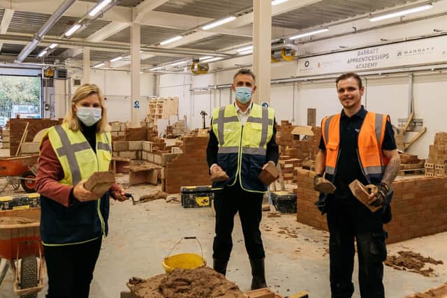 l-r Justine Greening, Rob Tansey (HR Director at Barratt Developments) and Ben Doody (Apprentice)