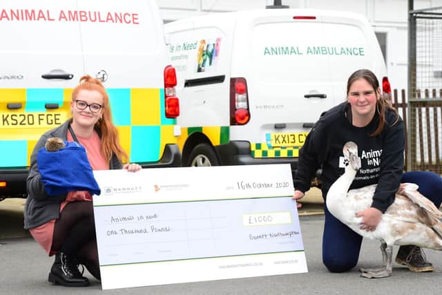 Amy Gray (Barratt Homes) and Emma Townsend (Animals in Need) with a hedgehog, swan and giant cheque