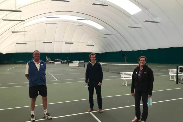 Corby Tennis Club directors Craig and Juliette Haworth with Tom Pursglove MP (middle) at the town's community indoor tennis centre.