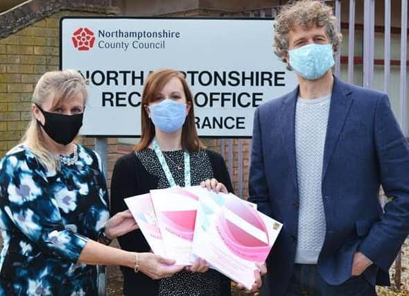 PHOTO KARL BALMER:  Briefly together for a photograph after hand sanitiser was used: Judy Caine, Katie Stewart - Collections Officer, and Neil Paris.