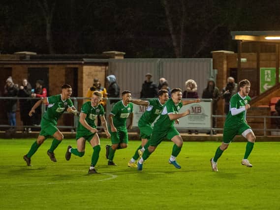 The Burton Park Wanderers players celebrate after their penalty shoot-out success over Sileby Rangers in the first round of the FA Vase. Picture by Jim Darrah