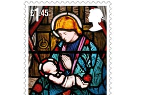 The commemorative £1.45 stamp with the Nativity scene from a stained-glass window at the Church of St James in Hollowell, Northamptonshire. Photo: Royal Mail