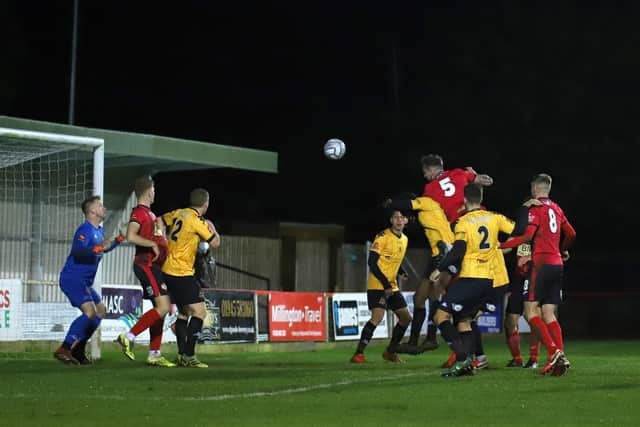 Ryan Fryatt was out of luck as this second-half header came back off the inside of the post during Kettering Town's 1-0 home defeat to Southport. Pictures by Peter Short