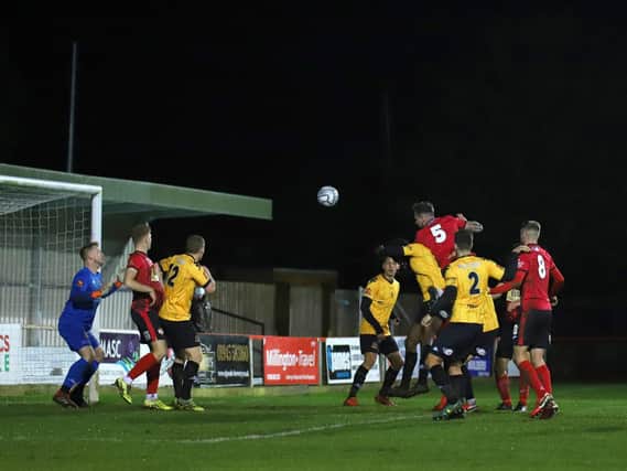 Ryan Fryatt was out of luck as this second-half header came back off the inside of the post during Kettering Town's 1-0 home defeat to Southport. Pictures by Peter Short