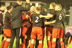 Rothwell Corinthians' players celebrate at the final whistle after they secured the KitmanUK UCL Knockout Cup. Pictures by Finbarr Carroll