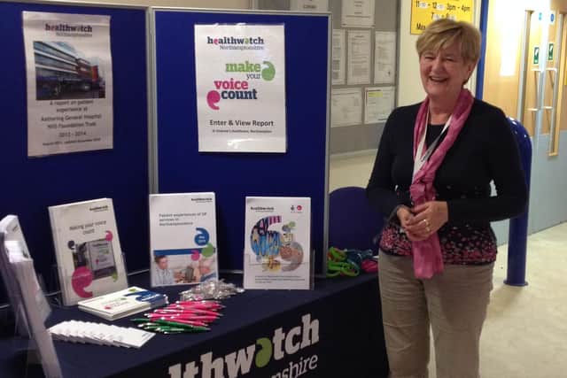 Wendy Patel gathering patient feedback with a Healthwatch stand at Kettering General Hospital