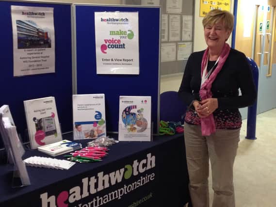 Wendy Patel gathering patient feedback with a Healthwatch stand at Kettering General Hospital