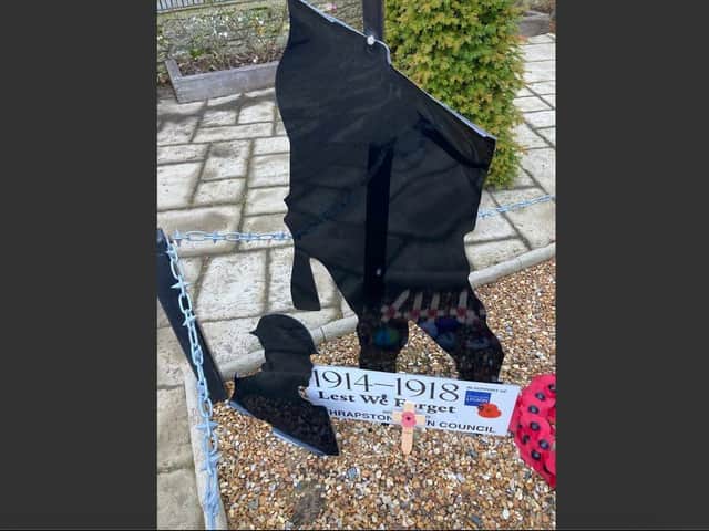 Criminals have damaged Thrapston's war memorial. Photo by Thrapston Town Council