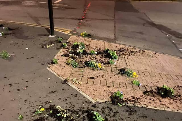 Plants were ripped out and thrown over the street. Photo by Thrapston Town Council