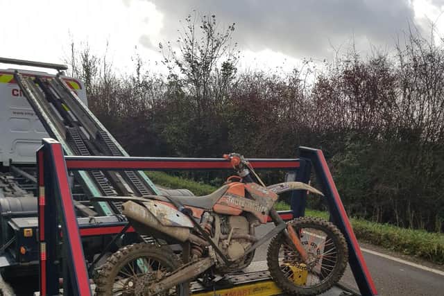 This motorbike was seized for taking part in illegal motocross activity at junction 1 of the A14.