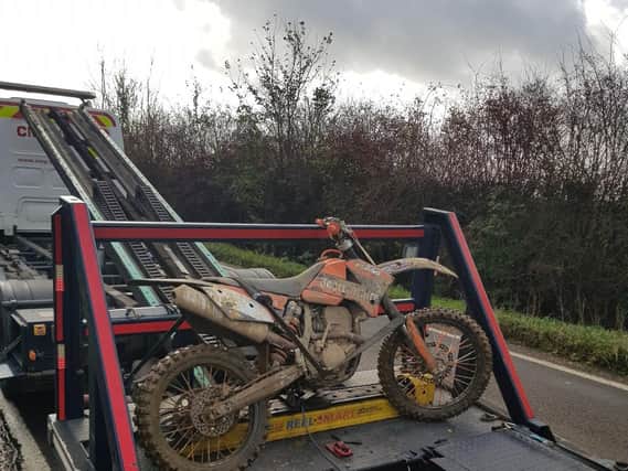 This motorbike was seized for taking part in illegal motocross activity at junction 1 of the A14.
