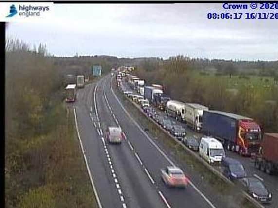 Highways England cameras showed queues building on the A14 just after 8am