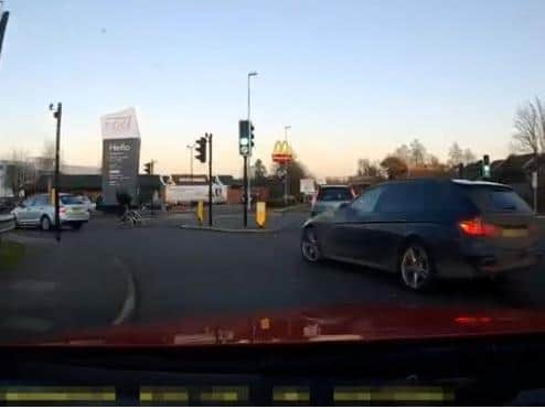 This near-miss happened when a vehicle turned left from the right-hand lane near Weston Favell Shopping Centre. Photos: Northants Police