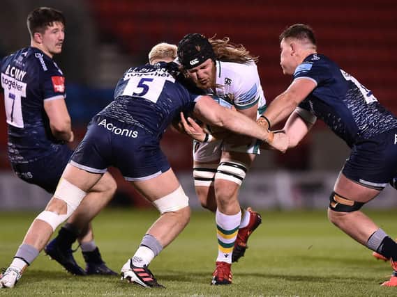 Alex Moon on the charge for Saints at the AJ Bell Stadium