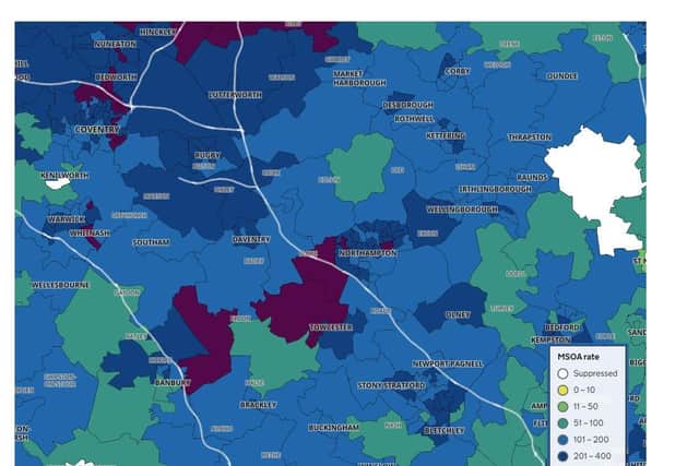 Purple areas on the map are those with most Covid-19 cases — light green areas are those with the lowest