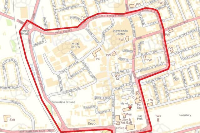 Long is banned from entering shops in the area outlined in red