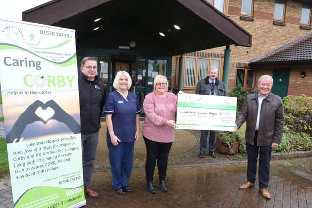 l-r Lakelands Bubble Paul Marlow (head of fundraising), Tracy Glen (nurse manager), Sue Hall (trusts and grants officer) with Dr Kevin Williams and James Spence from Masons