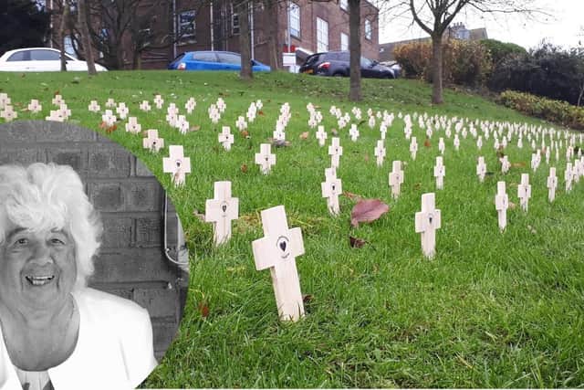 The memorial crosses placed by James Steele in memory of his mum Betty Smith and all those who have died of Covid-19