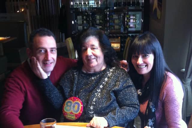 l-r James Steele, mum Betty Smith and his wife Laura,