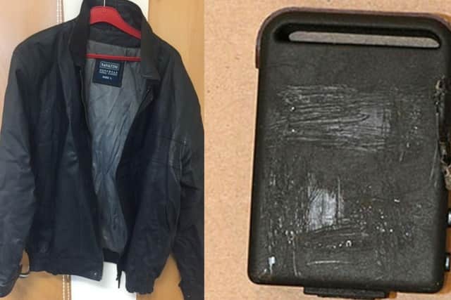 Police found this jacket with gunshot residue on in Reader's house. Pictured right is the tracker placed on Marion's car.