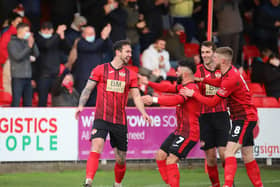 Ryan Fryatt was all smiles after he headed Kettering Town into a 10th minute lead in their 2-1 home success over Blyth Spartans. Pictures by Peter Short