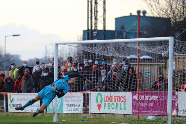 Callum Powell's effort finds the net to give the Poppies their second goal against Blyth Spartans