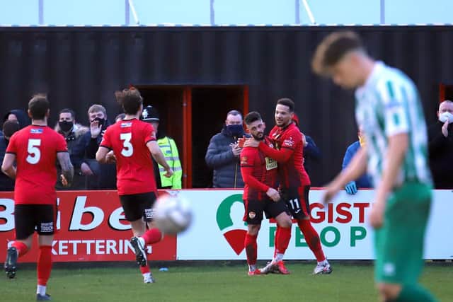 Callum Powell takes the congratulations after scoring against Blyth Spartans