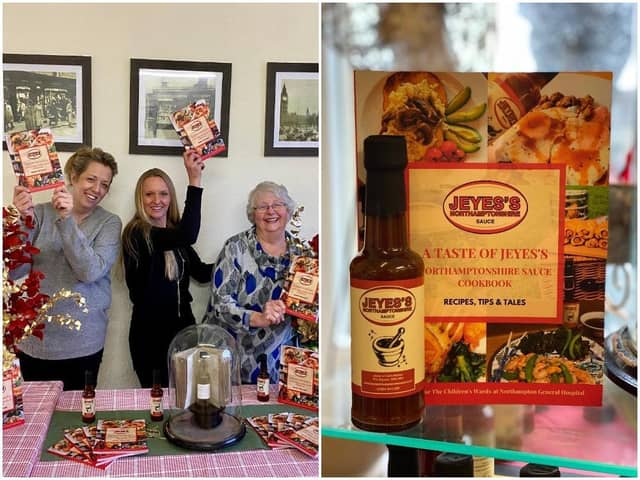 Three of the Jeyes of Earls Barton team with the new cookbook A Taste of Jeyes's Northamptonshire Sauce, the sauce itself and the book where the original recipe was found in a glass case